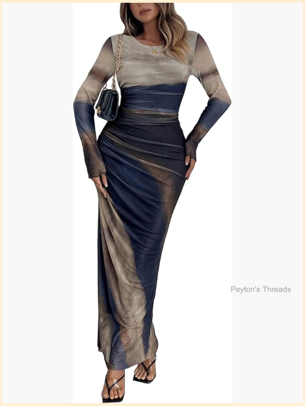 Women Sheer Mesh Maxi Dress Long Sleeve Bodycon Ruched Tie Dye Party Dress